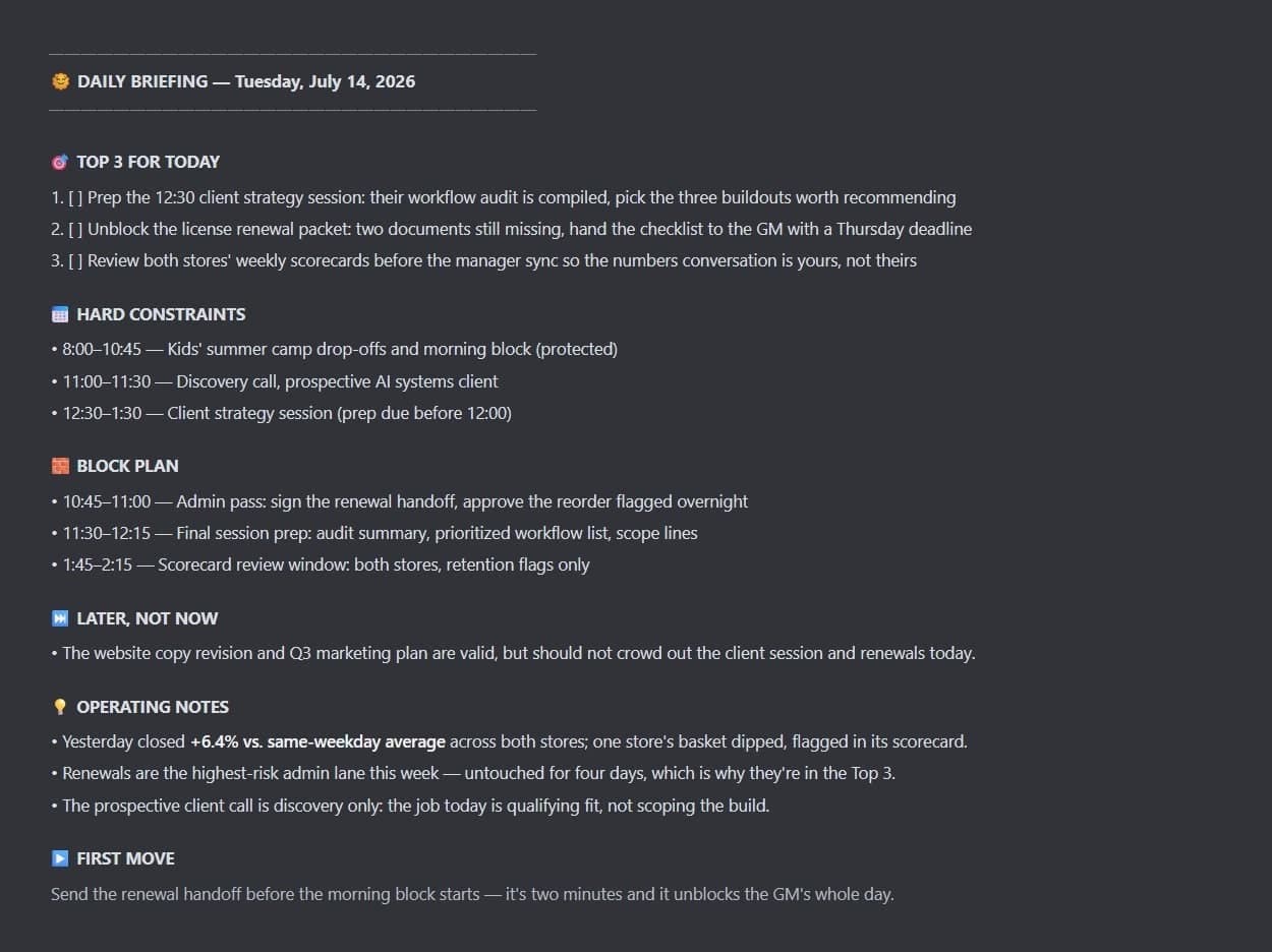 A daily morning briefing produced by Joey's systems: top three priorities, hard constraints, block plan, and first move